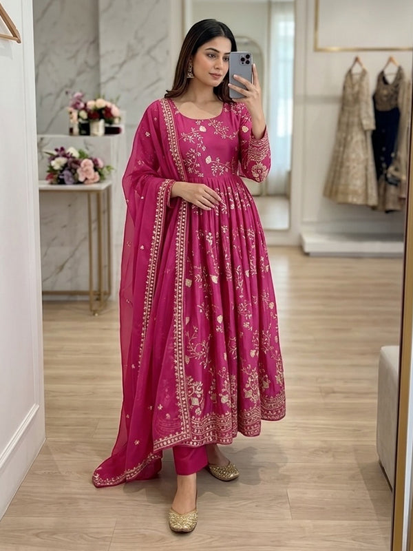 Dark Pink Embroidery Sequins Work Pure Chinon Silk Gown With Dupatta