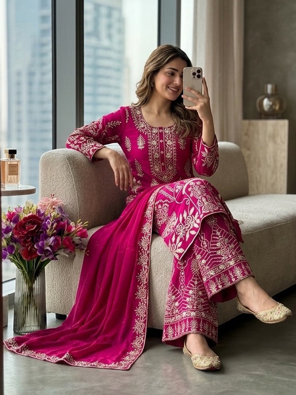 Dark Pink Sequence Embroidery Work Vichitra Silk Top Sharara With Dupatta