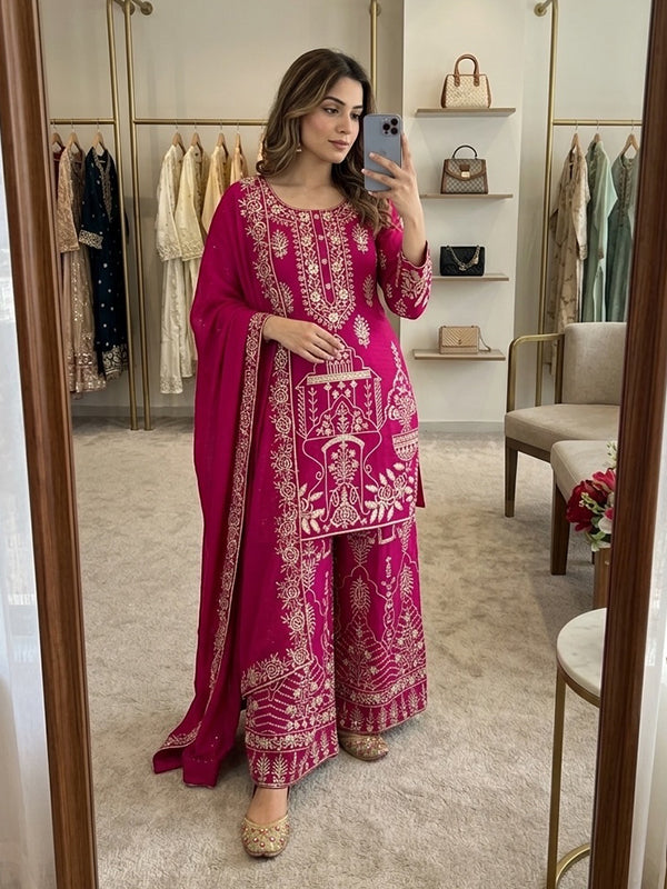 Dark Pink Sequence Embroidery Work Vichitra Silk Top Sharara With Dupatta