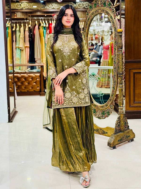 Mehndi Green Mirror Sequence Work Fendy Silk Palazzo Set With Dupatta