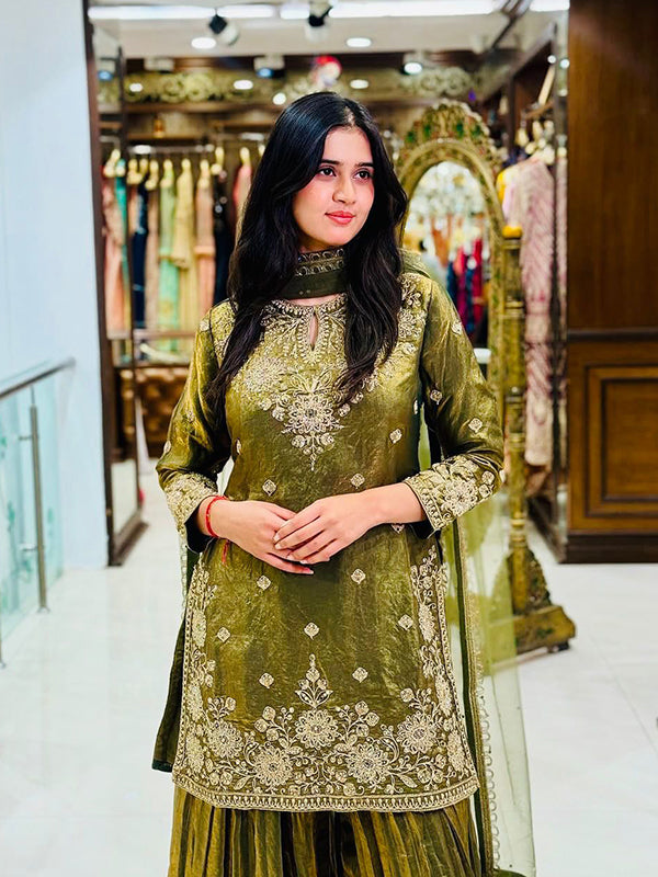 Mehndi Green Mirror Sequence Work Fendy Silk Palazzo Set With Dupatta