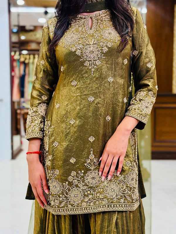Mehndi Green Mirror Sequence Work Fendy Silk Palazzo Set With Dupatta
