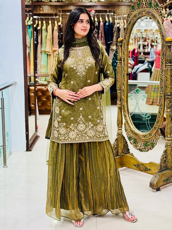 Mehndi Green Mirror Sequence Work Fendy Silk Palazzo Set With Dupatta