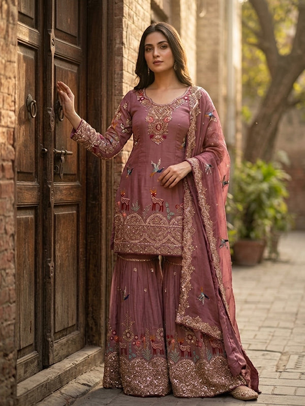 Onion Pink Sequence Embroidery Work Chinon Silk Top Sharara With Dupatta