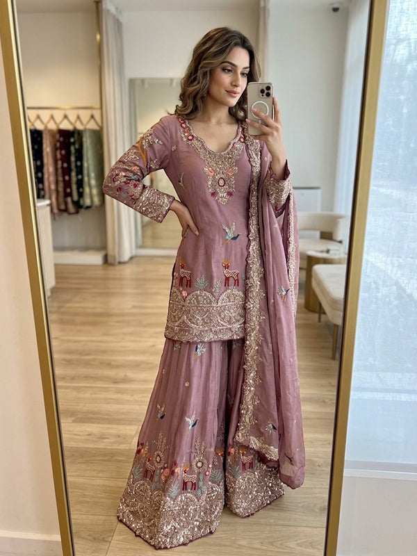 Onion Pink Sequence Embroidery Work Chinon Silk Top Sharara With Dupatta