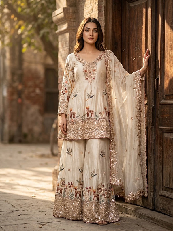 White Sequence Embroidery Work Chinon Silk Top Sharara With Dupatta