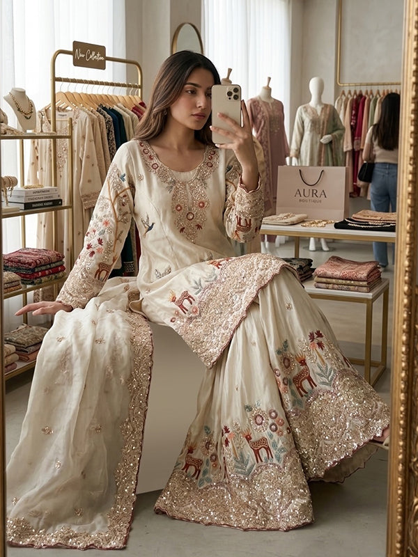 White Sequence Embroidery Work Chinon Silk Top Sharara With Dupatta