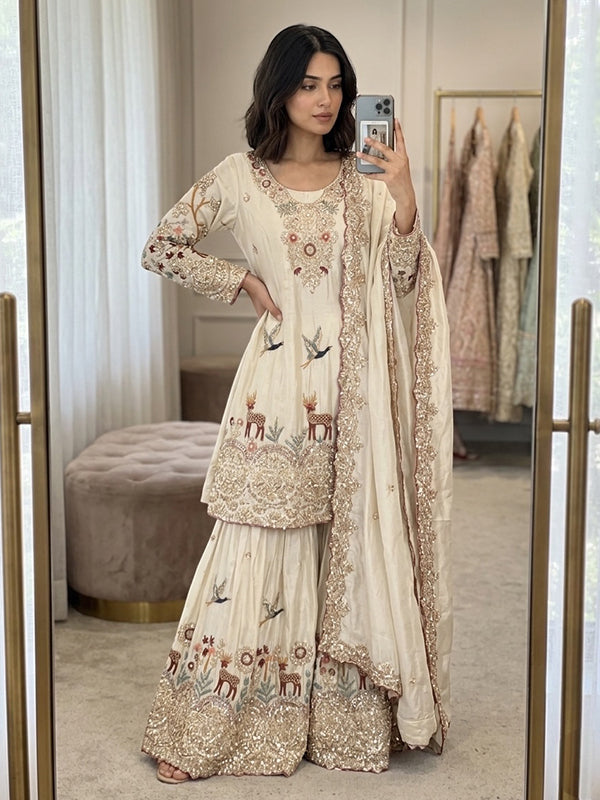 White Sequence Embroidery Work Chinon Silk Top Sharara With Dupatta