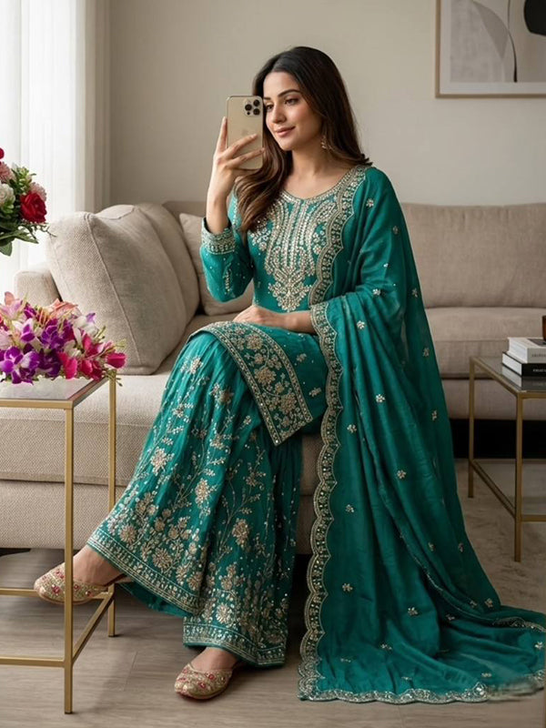 Peacock Blue Embroidery Sequence Work Satin Silk Top Sharara With Dupatta