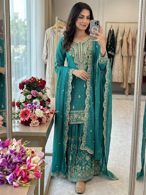 Peacock Blue Embroidery Sequence Work Satin Silk Top Sharara With Dupatta