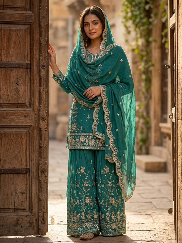 Peacock Blue Embroidery Sequence Work Satin Silk Top Sharara With Dupatta