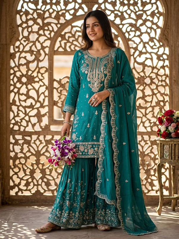 Peacock Blue Embroidery Sequence Work Satin Silk Top Sharara With Dupatta
