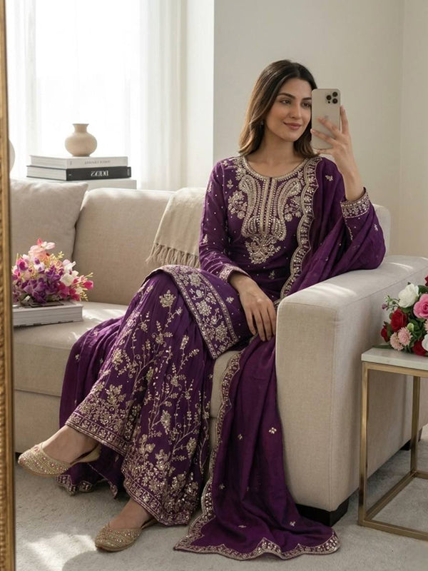 Purple Embroidery Sequence Work Satin Silk Top Sharara With Dupatta