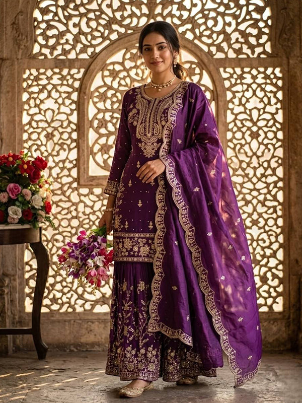 Purple Embroidery Sequence Work Satin Silk Top Sharara With Dupatta
