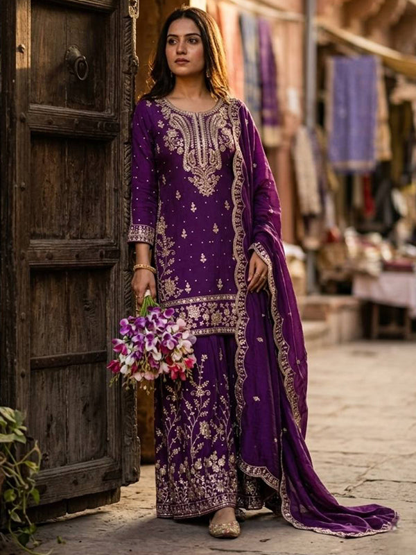 Purple Embroidery Sequence Work Satin Silk Top Sharara With Dupatta