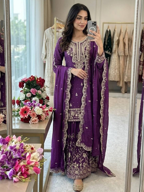 Purple Embroidery Sequence Work Satin Silk Top Sharara With Dupatta