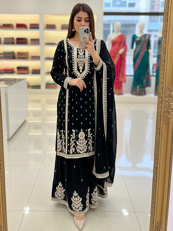 Black Embroidery Sequence Work Chinon Silk Sharara Set With Dupatta