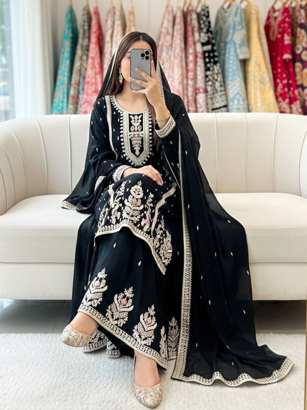 Black Embroidery Sequence Work Chinon Silk Sharara Set With Dupatta