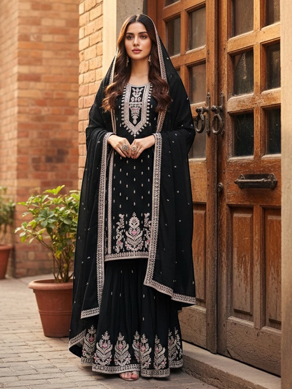 Black Embroidery Sequence Work Chinon Silk Sharara Set With Dupatta