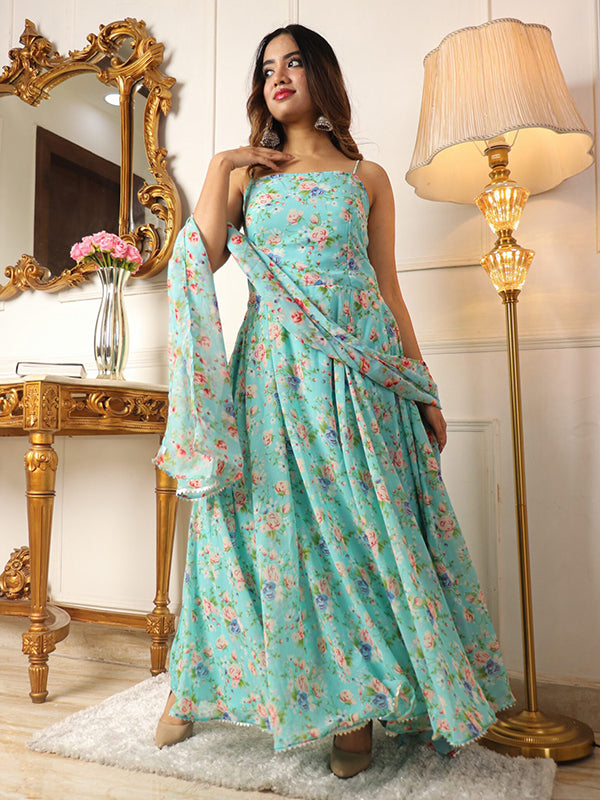 Sky Blue Flower Printed Anarkali Suit Set