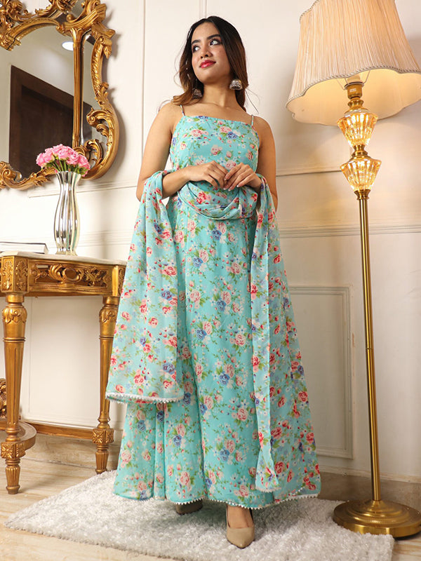 Sky Blue Flower Printed Anarkali Suit Set