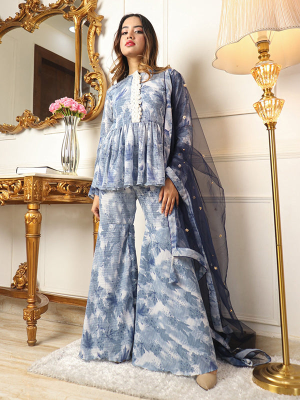 Grey Floral Printed Sharara Suit With Net Dupatta