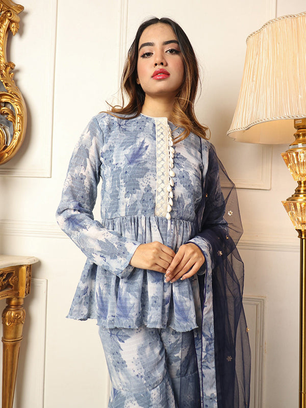 Grey Floral Printed Sharara Suit With Net Dupatta