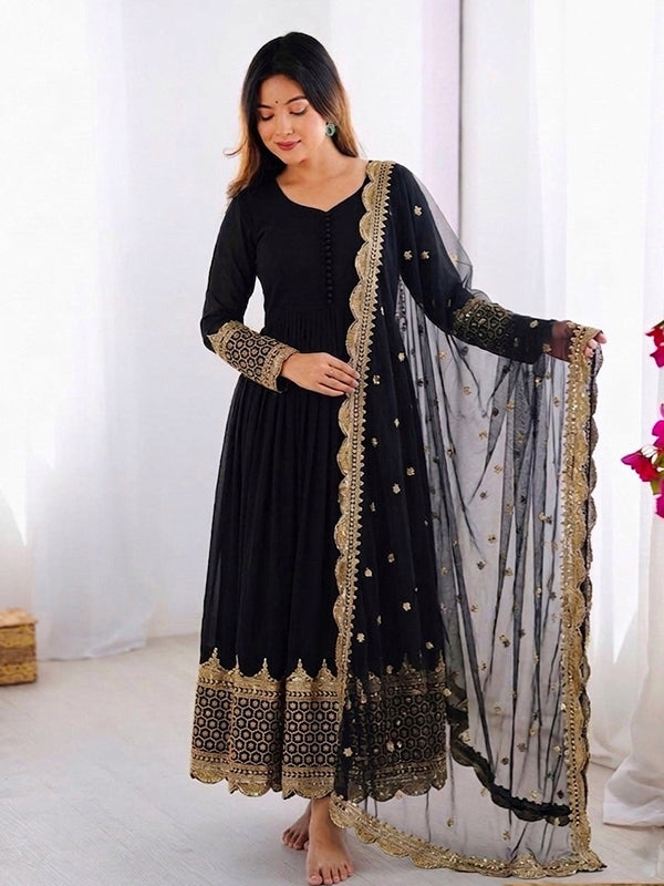 Black Embroidery Sequence Work Faux Georgette Anarkali Gown With Dupatta