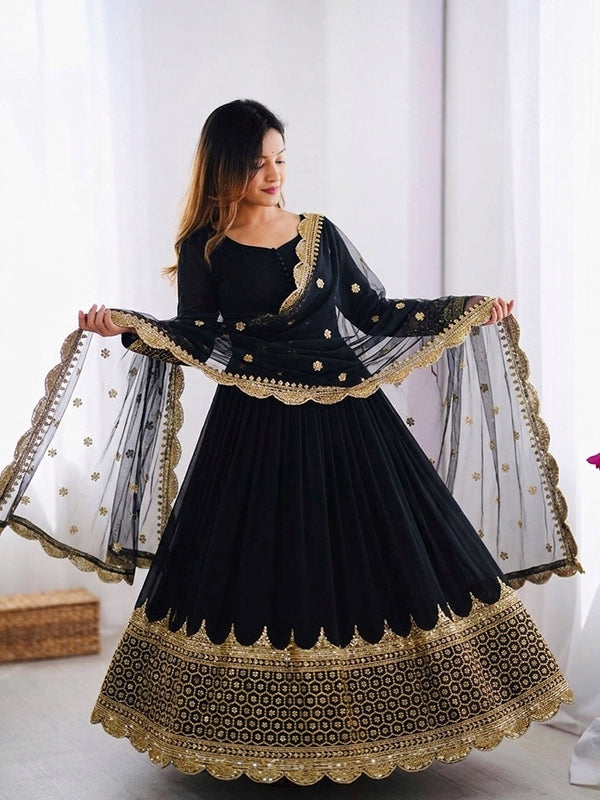 Black Embroidery Sequence Work Faux Georgette Anarkali Gown With Dupatta