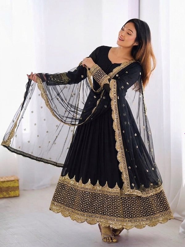 Black Embroidery Sequence Work Faux Georgette Anarkali Gown With Dupatta