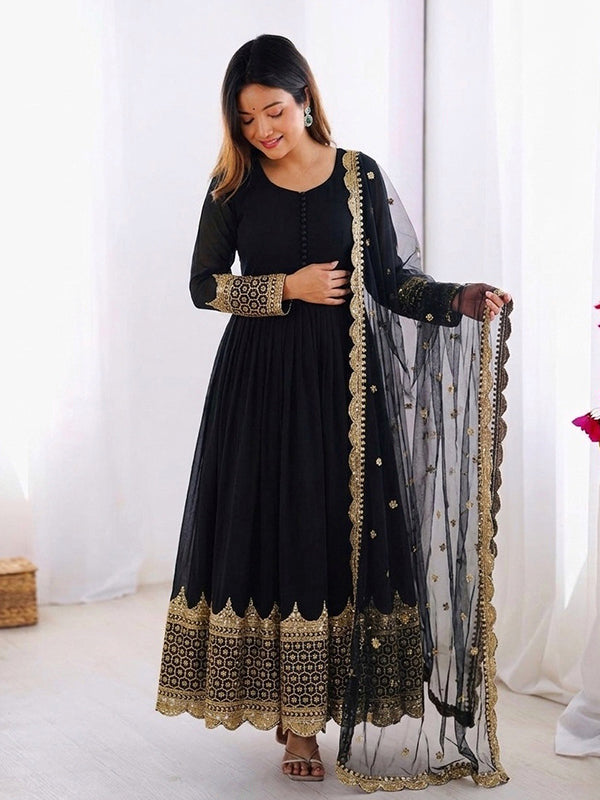 Black Embroidery Sequence Work Faux Georgette Anarkali Gown With Dupatta