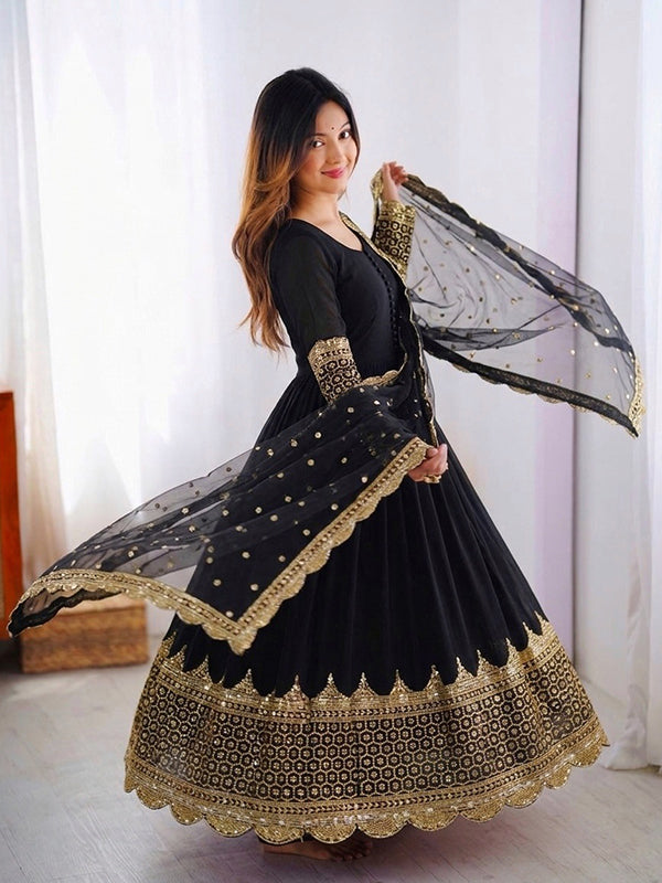 Black Embroidery Sequence Work Faux Georgette Anarkali Gown With Dupatta