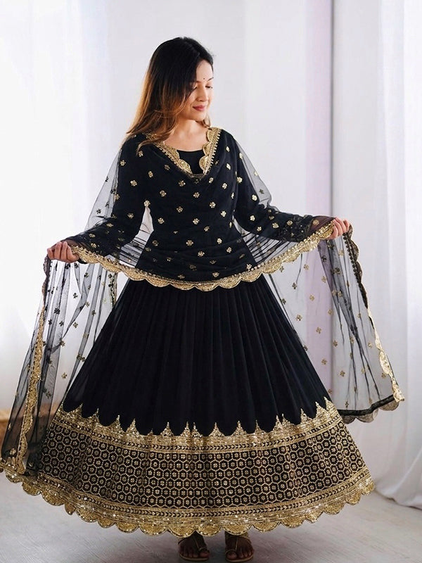 Black Embroidery Sequence Work Faux Georgette Anarkali Gown With Dupatta