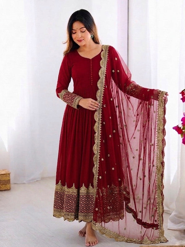Maroon Embroidery Sequence Work Faux Georgette Anarkali Gown With Dupatta