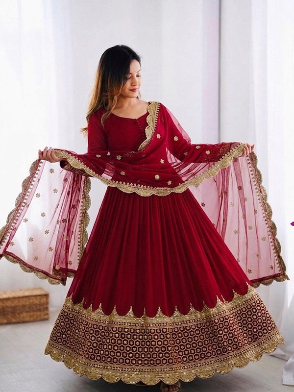 Maroon Embroidery Sequence Work Faux Georgette Anarkali Gown With Dupatta