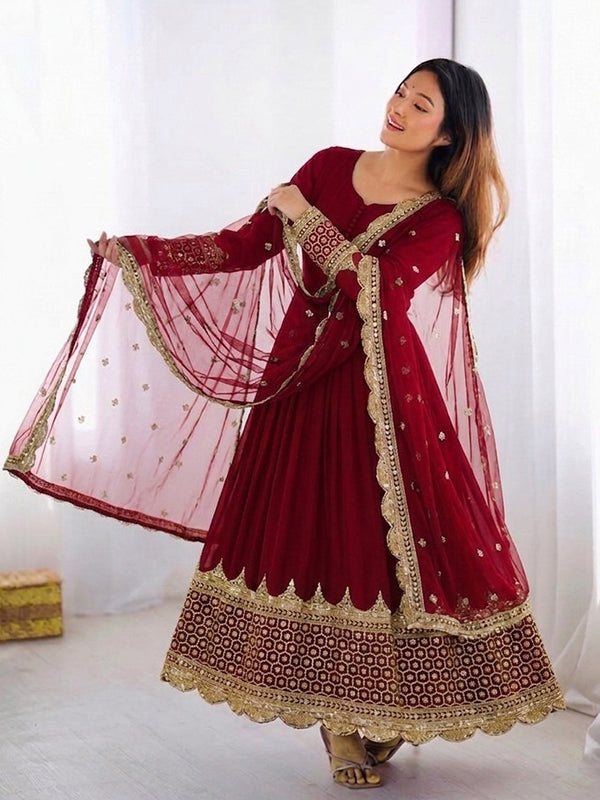 Maroon Embroidery Sequence Work Faux Georgette Anarkali Gown With Dupatta