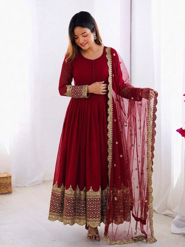 Maroon Embroidery Sequence Work Faux Georgette Anarkali Gown With Dupatta