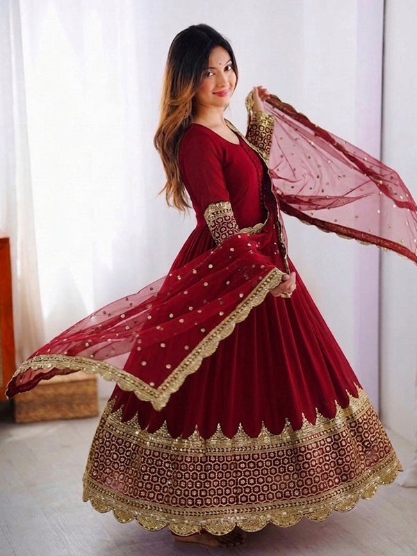 Maroon Embroidery Sequence Work Faux Georgette Anarkali Gown With Dupatta