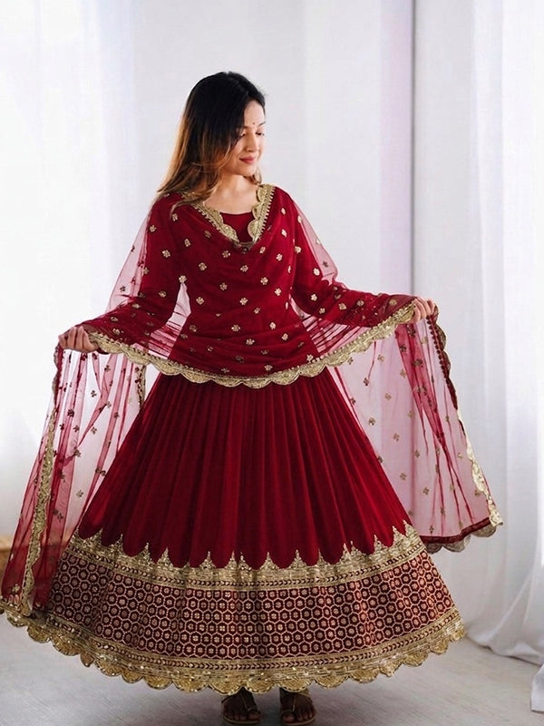 Maroon Embroidery Sequence Work Faux Georgette Anarkali Gown With Dupatta