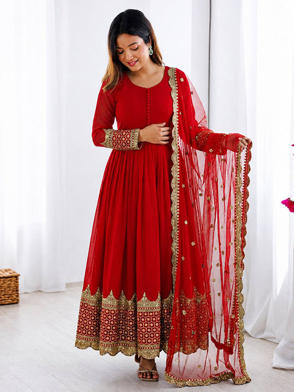 Red Embroidery Sequence Work Faux Georgette Anarkali Gown With Dupatta