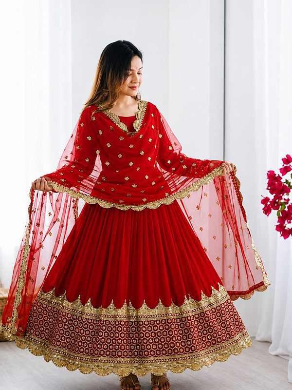 Red Embroidery Sequence Work Faux Georgette Anarkali Gown With Dupatta