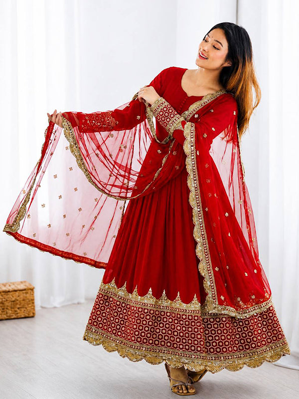 Red Embroidery Sequence Work Faux Georgette Anarkali Gown With Dupatta