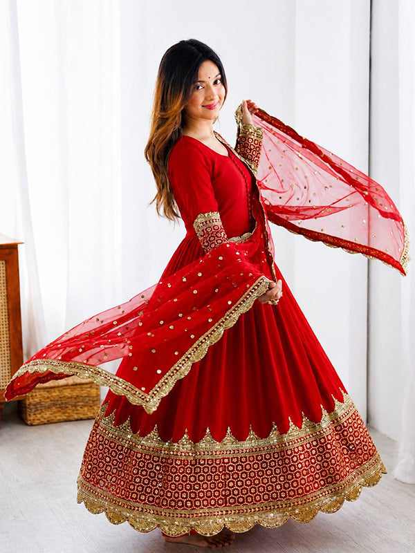Red Embroidery Sequence Work Faux Georgette Anarkali Gown With Dupatta