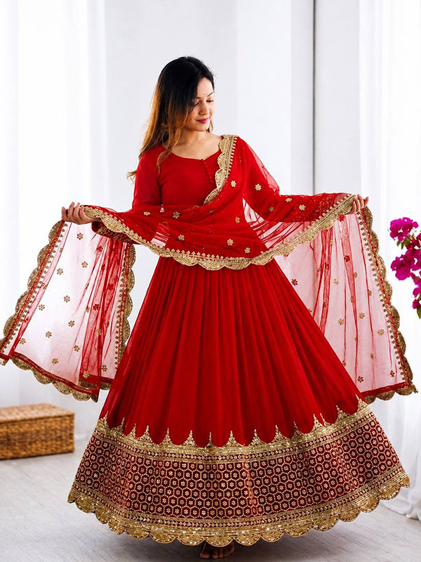 Red Embroidery Sequence Work Faux Georgette Anarkali Gown With Dupatta