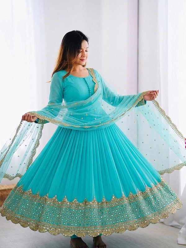 Sky Blue Embroidery Sequence Work Faux Georgette Anarkali Gown With Dupatta