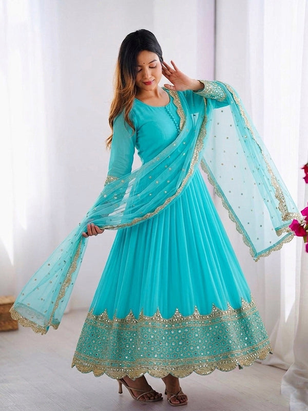 Sky Blue Embroidery Sequence Work Faux Georgette Anarkali Gown With Dupatta