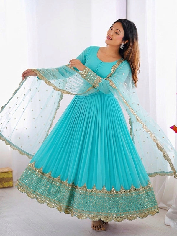 Sky Blue Embroidery Sequence Work Faux Georgette Anarkali Gown With Dupatta