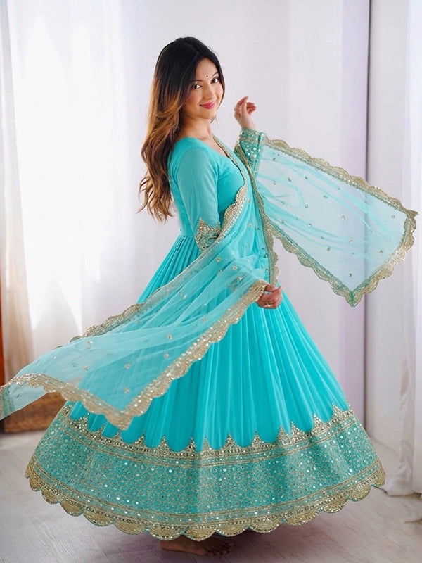 Sky Blue Embroidery Sequence Work Faux Georgette Anarkali Gown With Dupatta