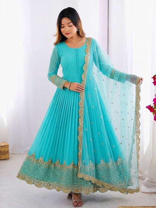 Sky Blue Embroidery Sequence Work Faux Georgette Anarkali Gown With Dupatta