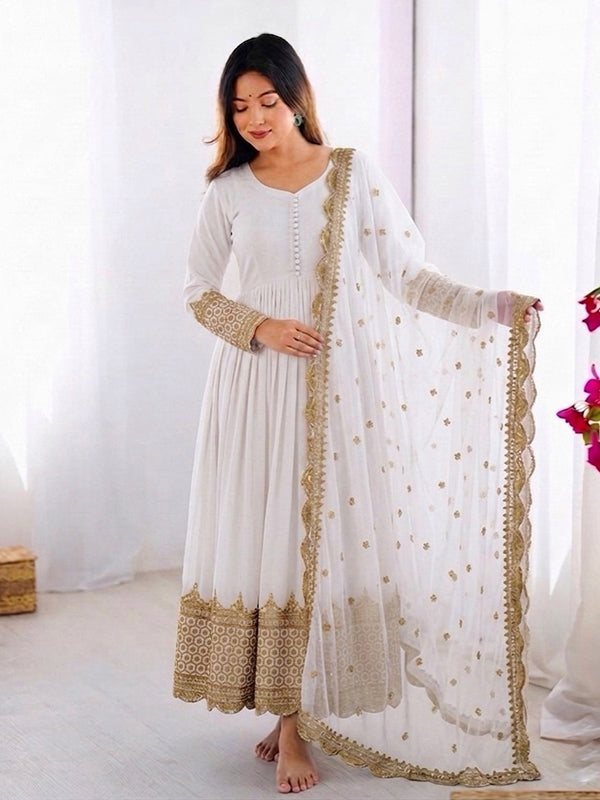 White Embroidery Sequence Work Faux Georgette Anarkali Gown With Dupatta